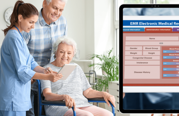 A healthcare provider in blue scrubs assists an elderly patient in a wheelchair using a tablet, while an EMR (Electronic Medical Record) system on another screen displays patient health data. This represents how Value-Based Care EMRs enhance patient engagement, streamline documentation, and improve care outcomes.