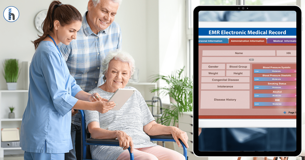 A healthcare provider in blue scrubs assists an elderly patient in a wheelchair using a tablet, while an EMR (Electronic Medical Record) system on another screen displays patient health data. This represents how Value-Based Care EMRs enhance patient engagement, streamline documentation, and improve care outcomes.