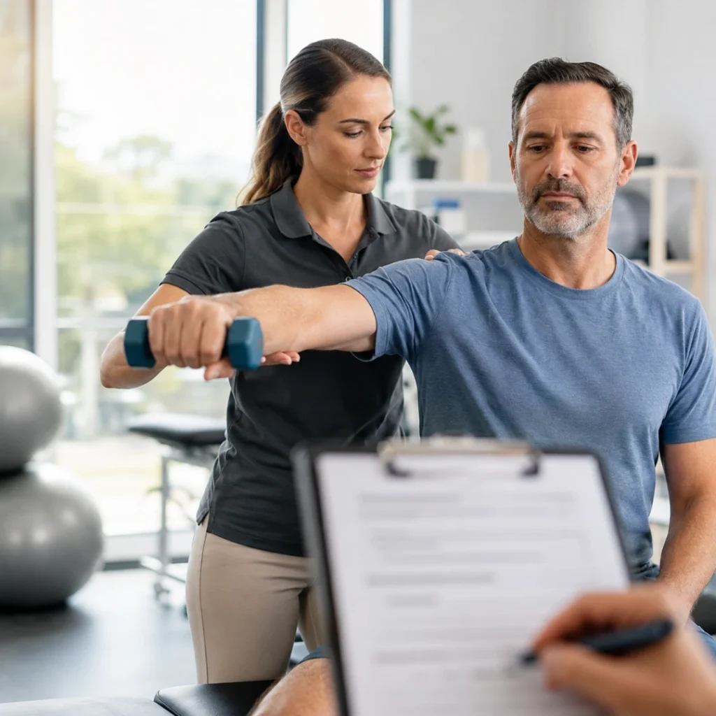 Physical therapist documenting a patient performing therapeutic exercise for CPT 97110