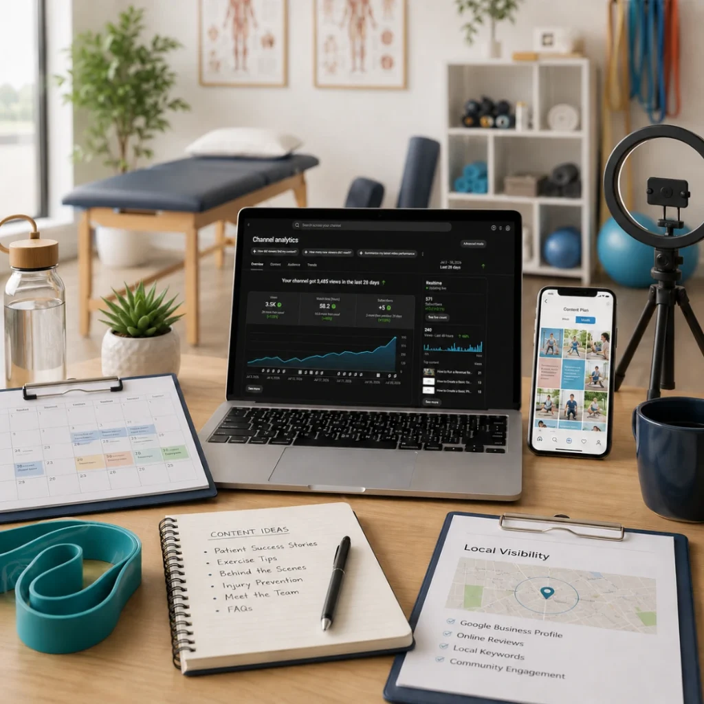 Therapy clinic content planning workspace with YouTube analytics, social media content, local visibility notes, and clinic marketing materials for healthcare digital marketing.