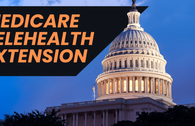 The U.S. Capitol building at dusk with a bold banner stating 'Medicare Telehealth Extension,' representing legislative updates on telehealth policies for Medicare beneficiaries.