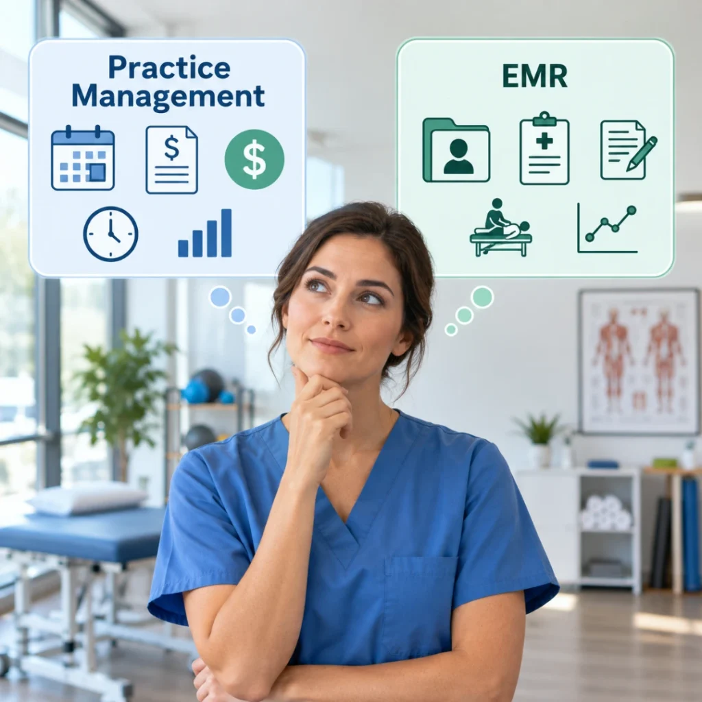 Therapist in scrubs comparing practice management system and EMR functions for a physical therapy practice