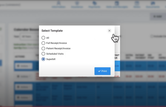 Superbill for therapy template selection in a therapy practice management system.