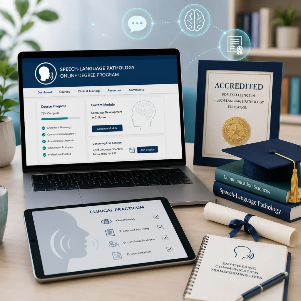 Online speech therapy degree programs shown with a laptop, clinical practicum checklist, accreditation badge, and speech-language pathology education materials.
