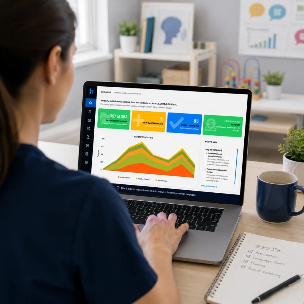 Speech-language pathologist using EMR technology to review documentation, patient progress, scheduling, and therapy practice data on a laptop.