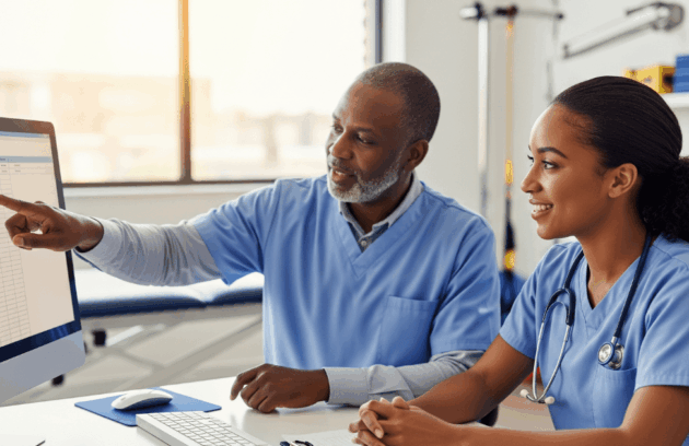 A senior therapist mentors a younger colleague on therapy documentation, pointing to a computer screen showing an EMR chart with electronic medical records abbreviations.