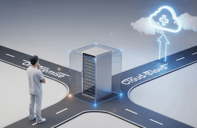 A therapist at a crossroads, illustrating the choice between the different types of EMR software: the on-premise EMR path with a server rack, versus the cloud-based EMR path leading to a cloud icon.
