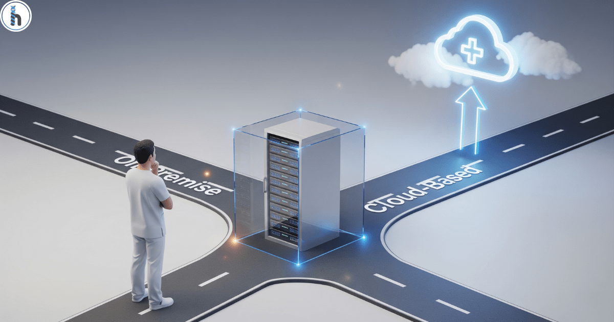 A therapist at a crossroads, illustrating the choice between the different types of EMR software: the on-premise EMR path with a server rack, versus the cloud-based EMR path leading to a cloud icon.