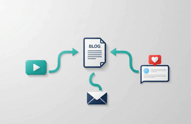 Infographic explaining content repurposing for therapists, with arrows connecting a central blog post icon to icons for video, social media, and email marketing.