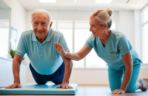 Female therapist guides smiling senior man through a floor exercise on a mat, illustrating active rehabilitation in Chiropractic for Seniors