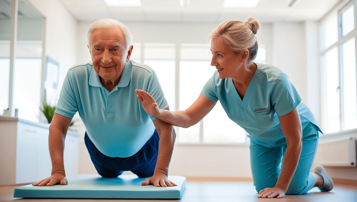 Female therapist guides smiling senior man through a floor exercise on a mat, illustrating active rehabilitation in Chiropractic for Seniors