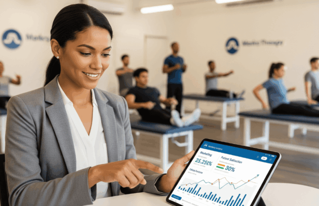 Smiling **physical therapy clinic owner** analyzing a digital dashboard showing marketing performance and patient satisfaction, indicating successful **physical therapy marketing strategies** and **clinic growth**. Patients are visible in the background receiving care.