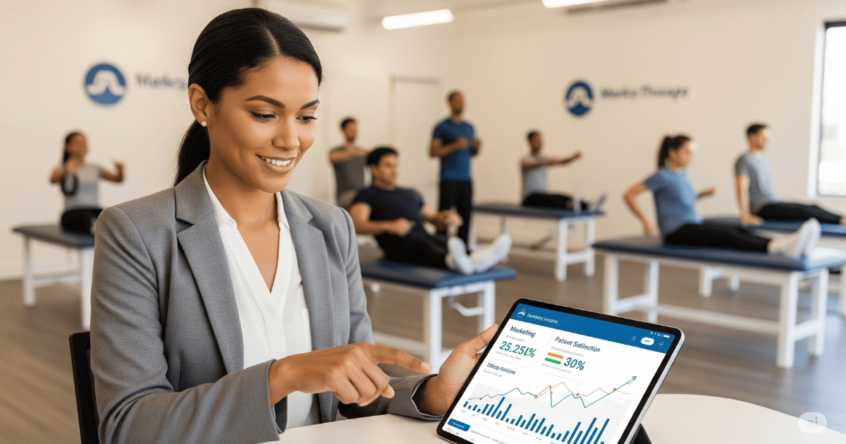 Smiling **physical therapy clinic owner** analyzing a digital dashboard showing marketing performance and patient satisfaction, indicating successful **physical therapy marketing strategies** and **clinic growth**. Patients are visible in the background receiving care.