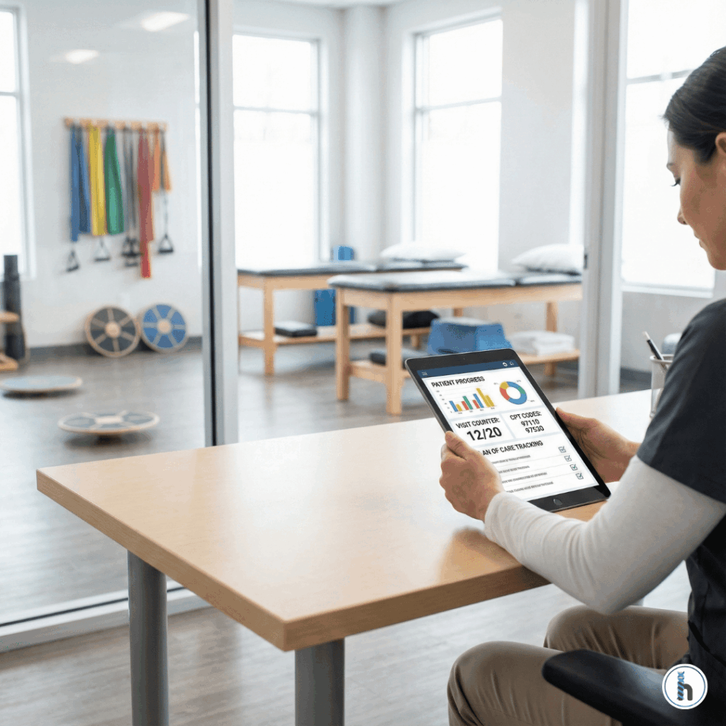 Physical therapist reviewing rehab clinic performance dashboard on a tablet using the best EMR software for rehab clinics, inside a modern therapy treatment room.