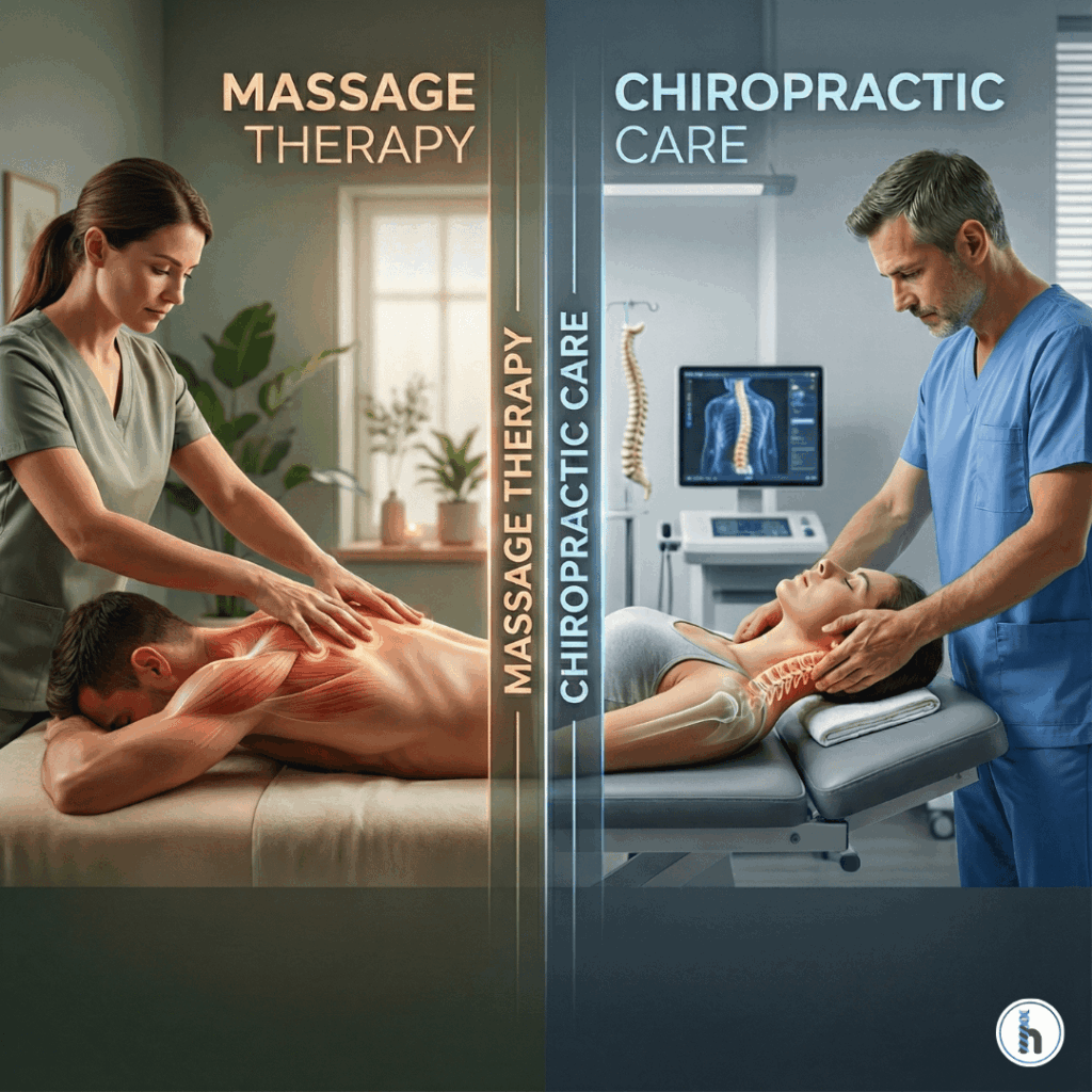 Side-by-side comparison of massage therapy vs chiropractic care showing a therapist performing soft tissue work and a chiropractor adjusting a patient’s neck.