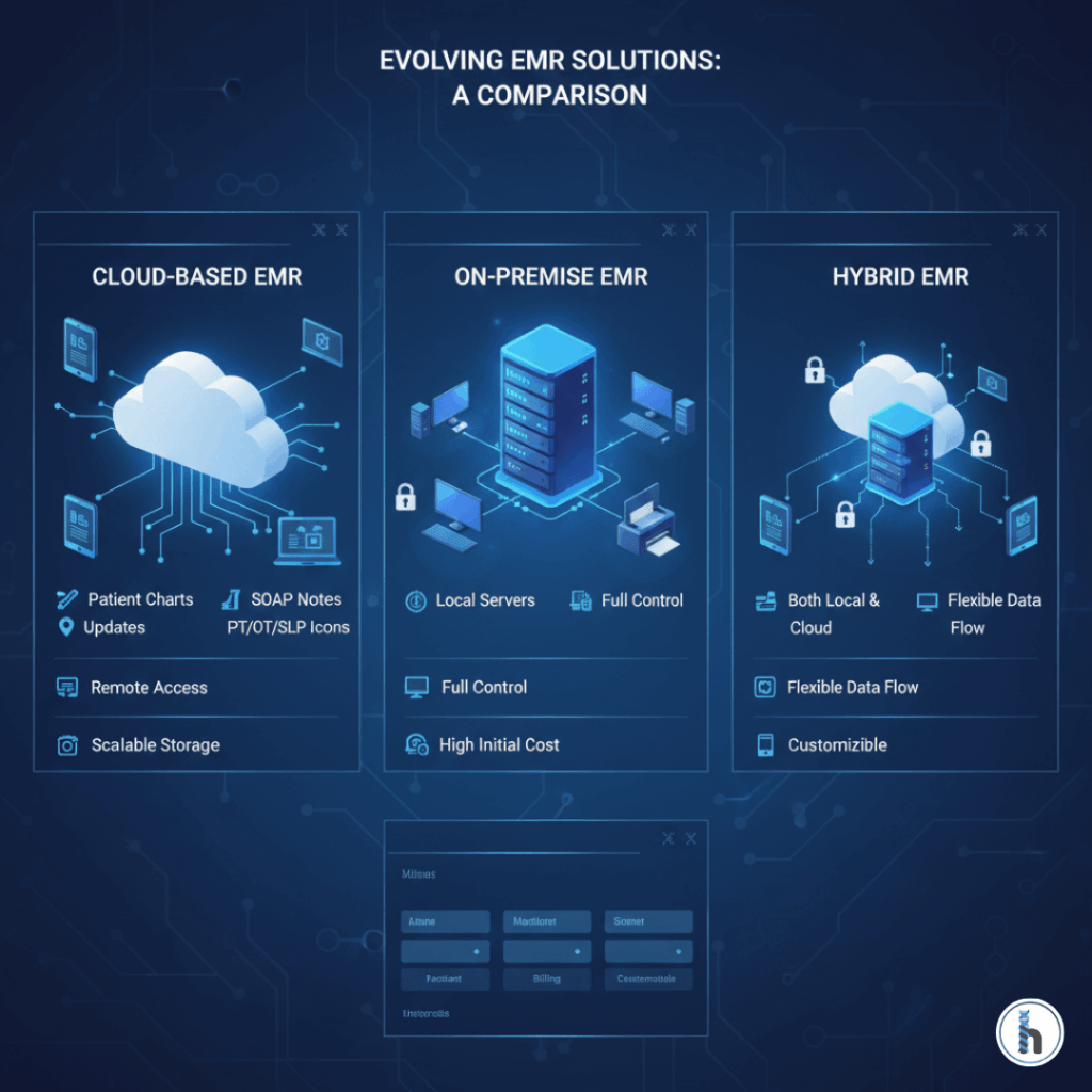 Comparison graphic showing cloud-based EMR, on-premise EMR, and hybrid EMR systems, illustrating the different types of EMR software for therapy clinics.
