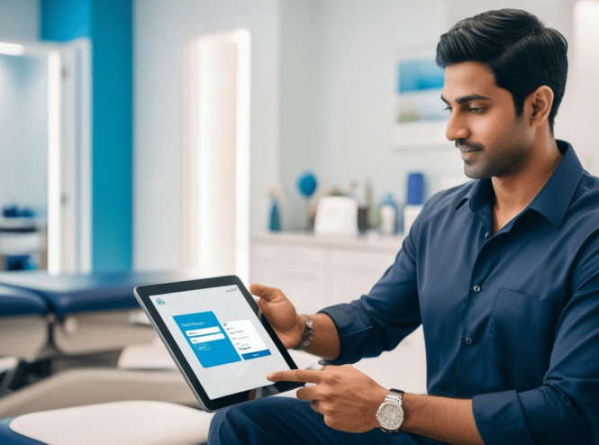 Therapy professional using a tablet to access an EMR system in a modern clinic setting.
