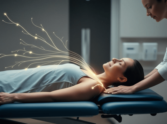 Conceptual image showing therapist applying gentle touch to relaxed patient, visualizing the nervous system benefits of **massage therapy in rehabilitation** via glowing pathways.