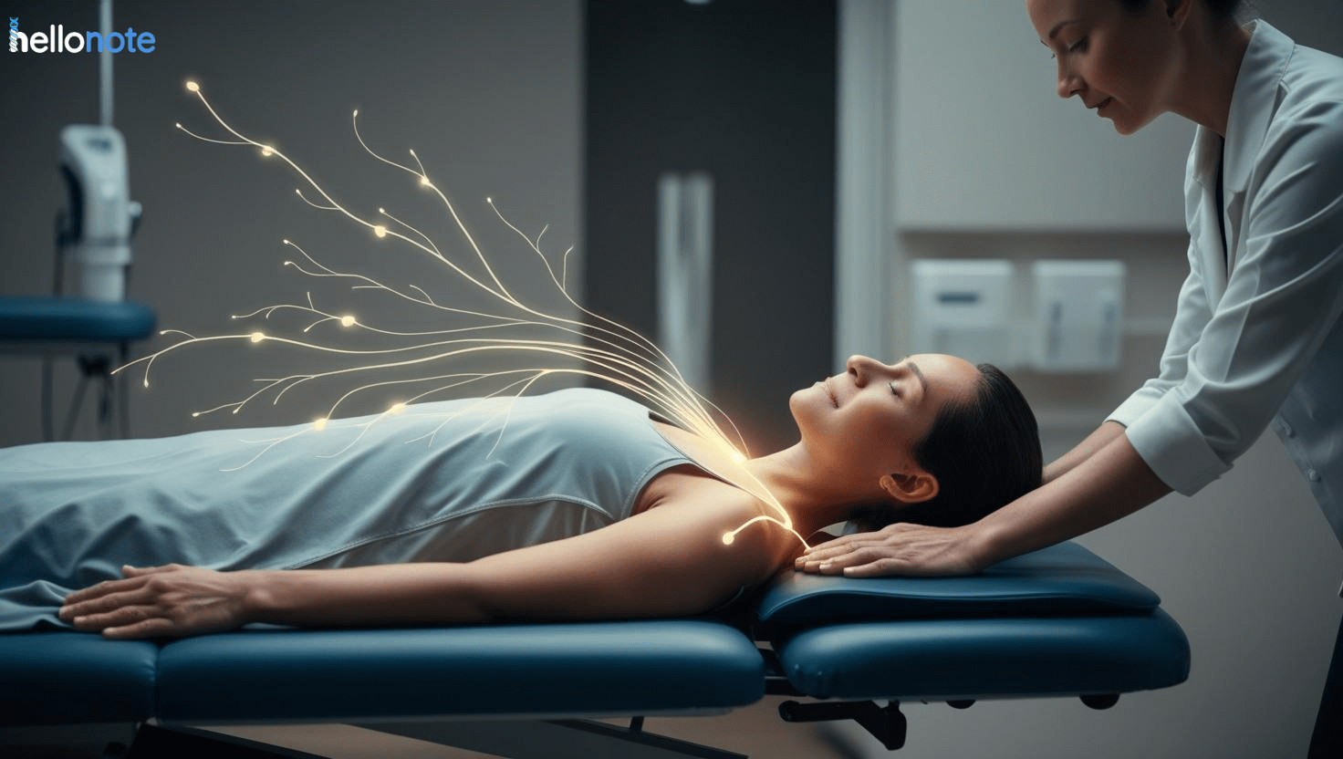 Conceptual image showing therapist applying gentle touch to relaxed patient, visualizing the nervous system benefits of **massage therapy in rehabilitation** via glowing pathways.