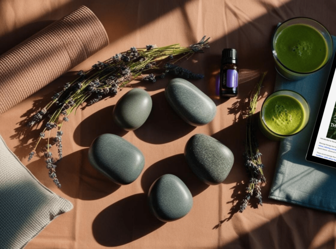 Calming flat lay representing massage therapy for anxiety management with massage stones, lavender, essential oil, yoga mat, green smoothies, and tablet showing therapy resources.