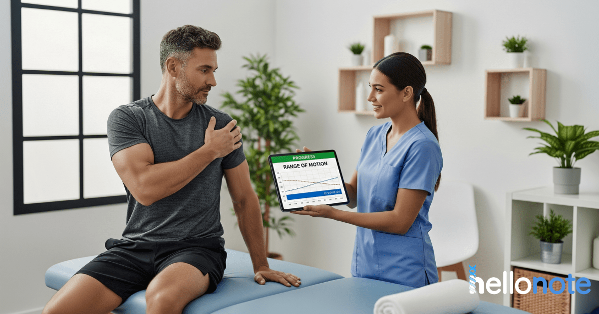 A female physical therapist shows a male athlete his progress on a tablet, which displays a "Range of Motion" chart. This illustrates the measurable benefits of sports massage for athletes and data-driven athlete recovery techniques.