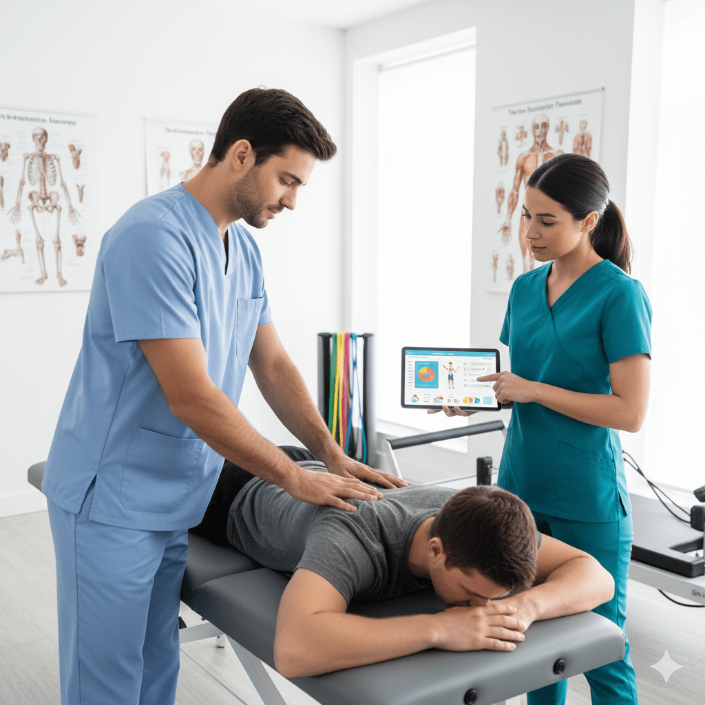 Chiropractor and physical therapist working together on a patient during an integrated treatment session, demonstrating a chiropractic and PT integration model in a clinical setting.
