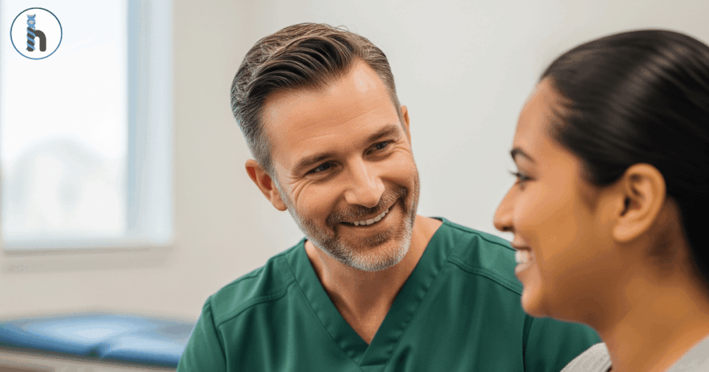 An empathetic male rehabilitation professional engaging with a female patient in a bright clinic, embodying holistic rehabilitation care.