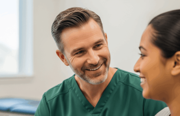 An empathetic male rehabilitation professional engaging with a female patient in a bright clinic, embodying holistic rehabilitation care.