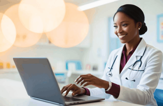 Professional speech-language pathologist, showcasing the competence gained from an online speech therapy degree programs, smiling while using a laptop in a modern clinic.
