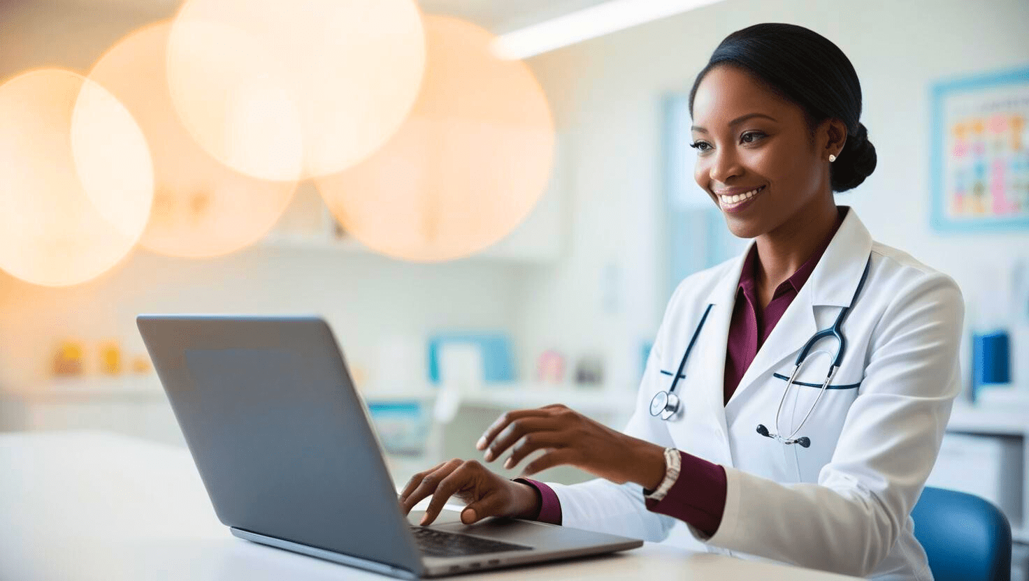 Professional speech-language pathologist, showcasing the competence gained from an online speech therapy degree programs, smiling while using a laptop in a modern clinic.
