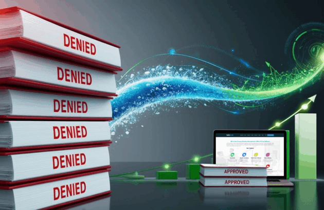 Conceptual image: HelloNote EMR transforms stacks of therapy claim denials into approvals, symbolizing improved reimbursements through efficient processes like clearinghouse switching.