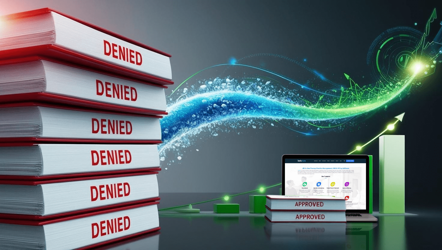 Conceptual image: HelloNote EMR transforms stacks of therapy claim denials into approvals, symbolizing improved reimbursements through efficient processes like clearinghouse switching.