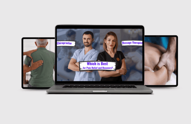Laptop displaying a 'Massage Therapy vs. Chiropractic Care' comparison with a chiropractor and massage therapist asking 'Which is Best for Pain Relief?'. Side tablets show examples of soft tissue manipulation and a chiropractic consultation.