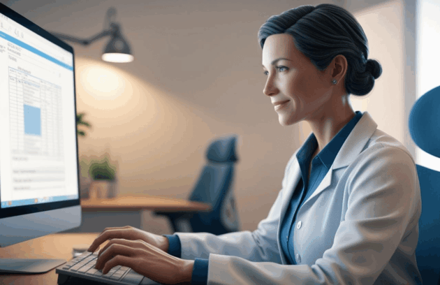 Female therapist diligently working on a computer, focused on Medicare billing and documentation for her therapy practice.