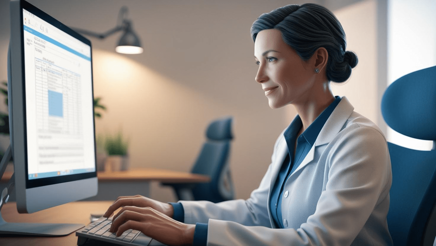 Female therapist diligently working on a computer, focused on Medicare billing and documentation for her therapy practice.