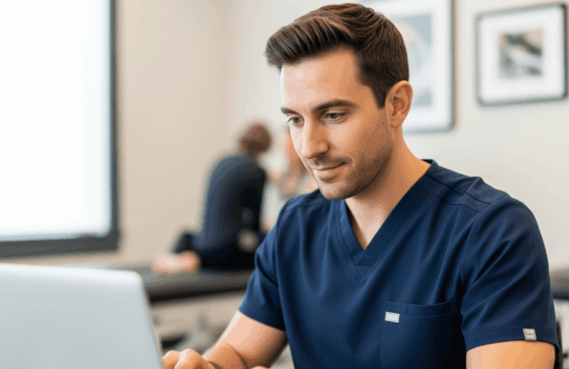 A focused male therapy professional working on a laptop, symbolizing effective **blogging for therapy clinics** and **content creation** for **patient education blog** resources.