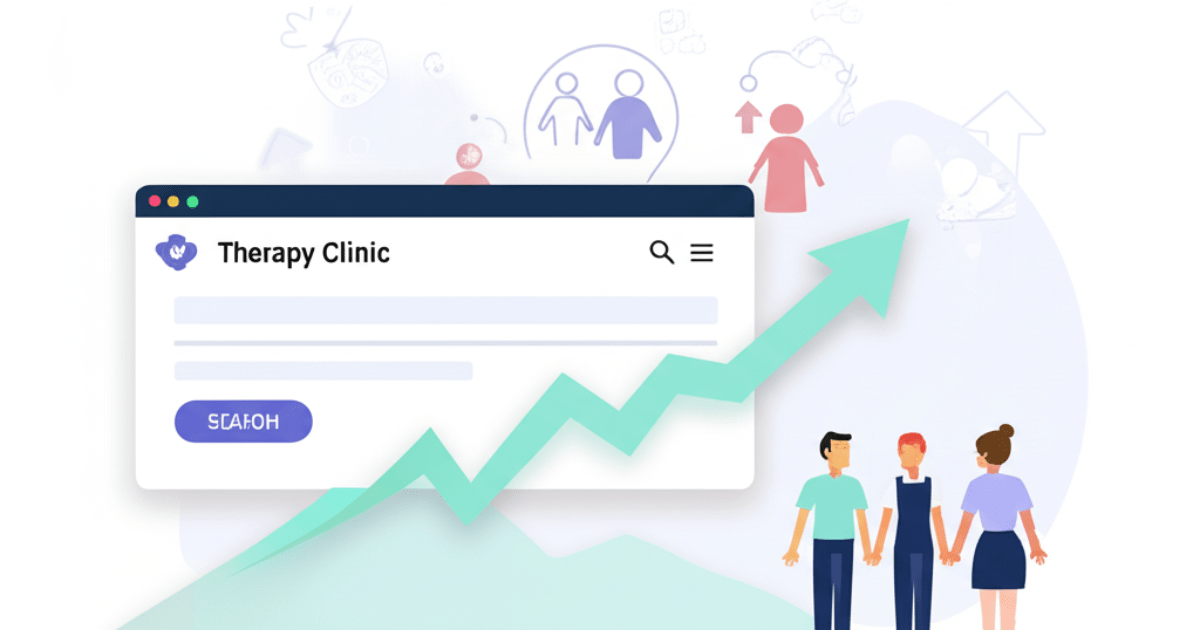 Abstract illustration of a search bar labeled 'Therapy Clinic' with an upward-trending graph and patient figures, symbolizing improved **therapy clinic SEO** and **online visibility** through effective **blogging for therapy clinics**.