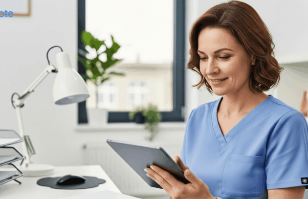 A female therapist in blue scrubs confidently reviewing clinical documentation on a tablet, symbolizing efficient therapy communication strategies for communicating with referral sources in a modern clinic office."