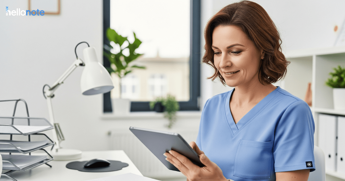 A female therapist in blue scrubs confidently reviewing clinical documentation on a tablet, symbolizing efficient therapy communication strategies for communicating with referral sources in a modern clinic office."