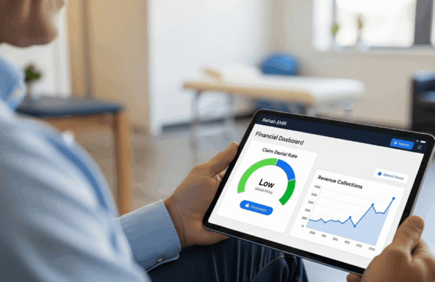 A clinic owner reviews a financial dashboard on their rehab EMR software, showing a low claim denial rate and increasing revenue collections for their private practice.