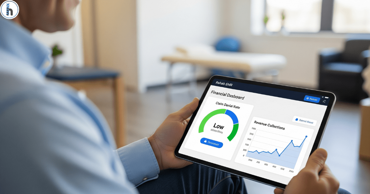 A clinic owner reviews a financial dashboard on their rehab EMR software, showing a low claim denial rate and increasing revenue collections for their private practice.