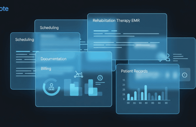 Hellonote EMR interface displaying overlapping translucent modules for Scheduling, Documentation, Billing, and Patient Records, representing a specialized Rehabilitation Therapy EMR solution.