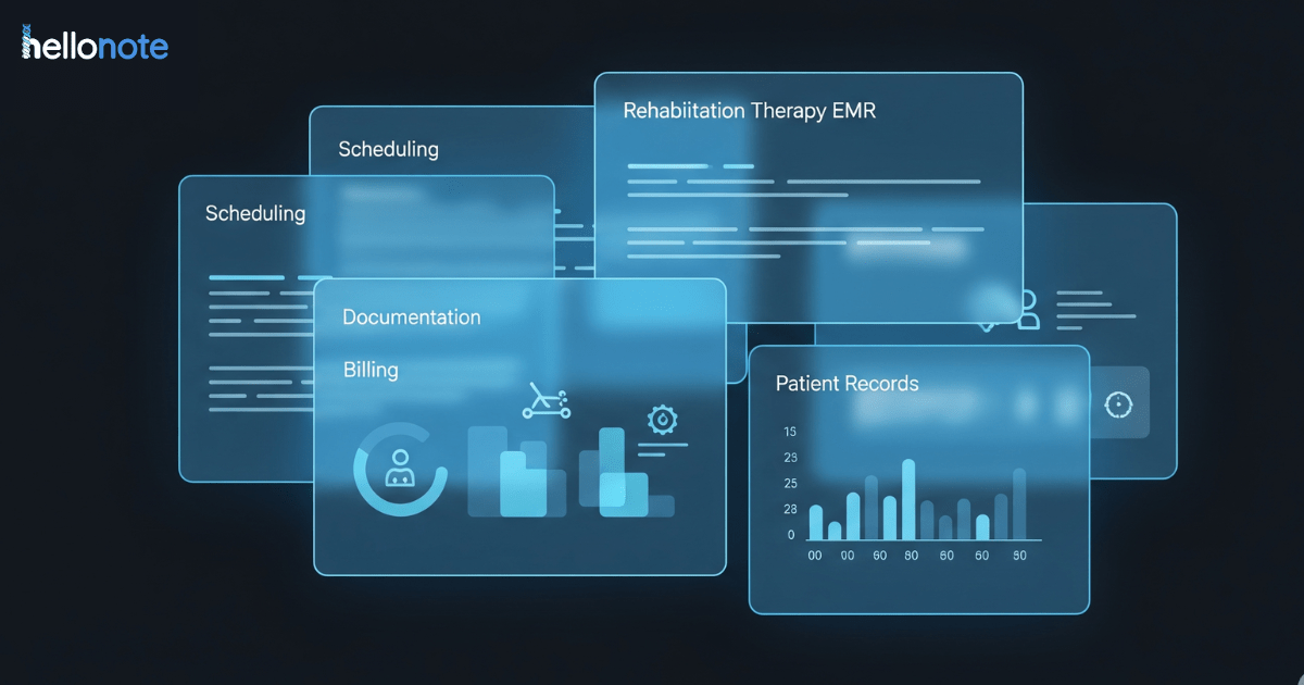 Hellonote EMR interface displaying overlapping translucent modules for Scheduling, Documentation, Billing, and Patient Records, representing a specialized Rehabilitation Therapy EMR solution.