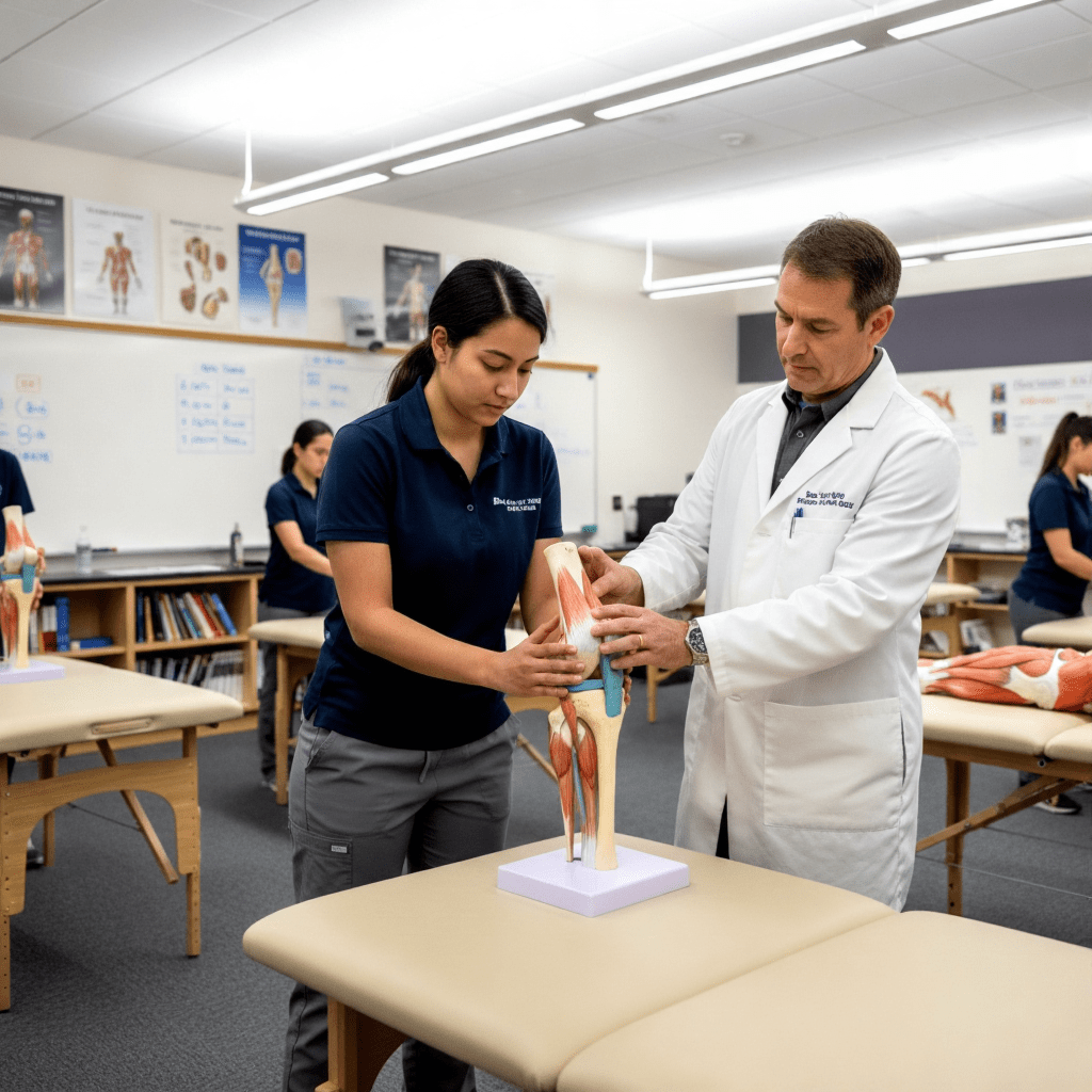 Physical therapy students learning anatomy with a professor using a knee joint model in a classroom setting, illustrating the educational steps in how to become a physical therapist.