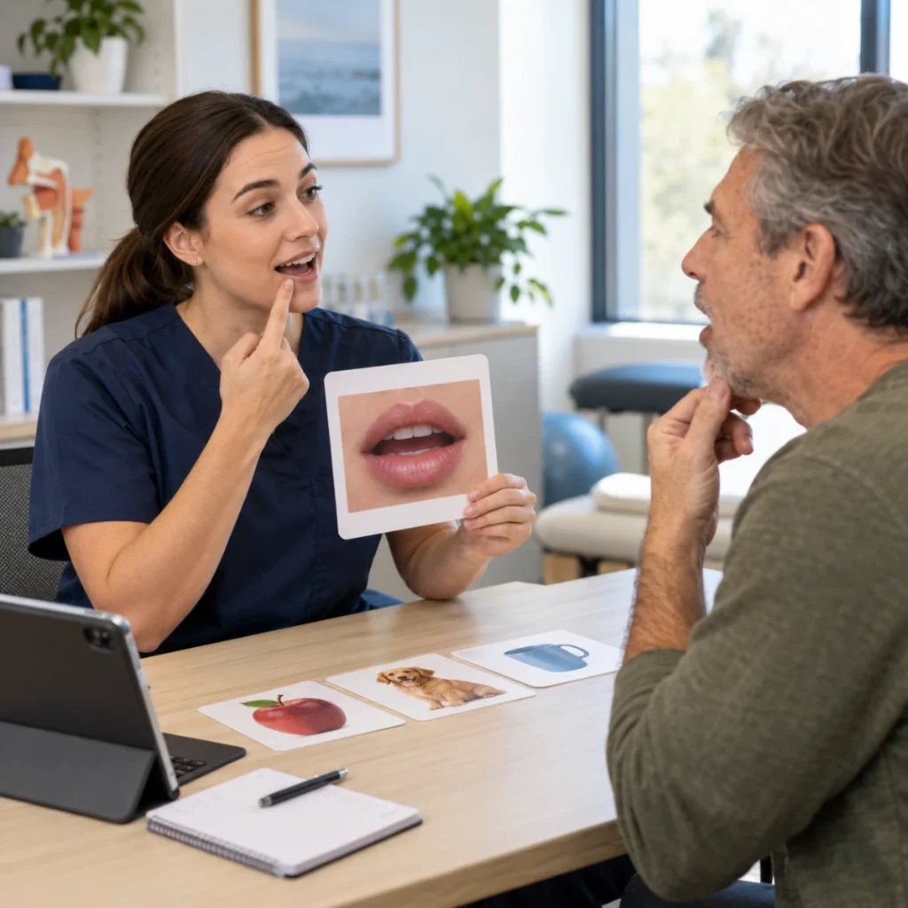 Adult speech therapy session with an SLP guiding an older adult through speech and articulation exercises