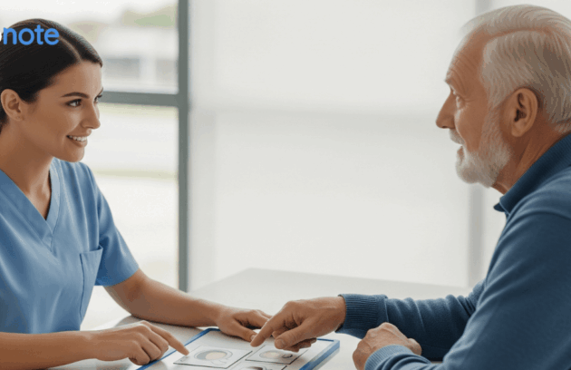 A female speech language pathologist provides adult speech therapy to an older male patient, using a communication board on a tablet to practice functional communication skills.
