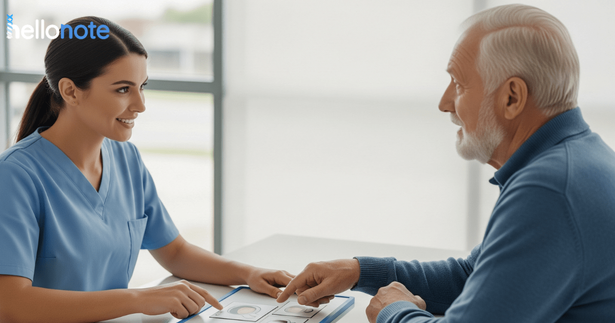 A female speech language pathologist provides adult speech therapy to an older male patient, using a communication board on a tablet to practice functional communication skills.