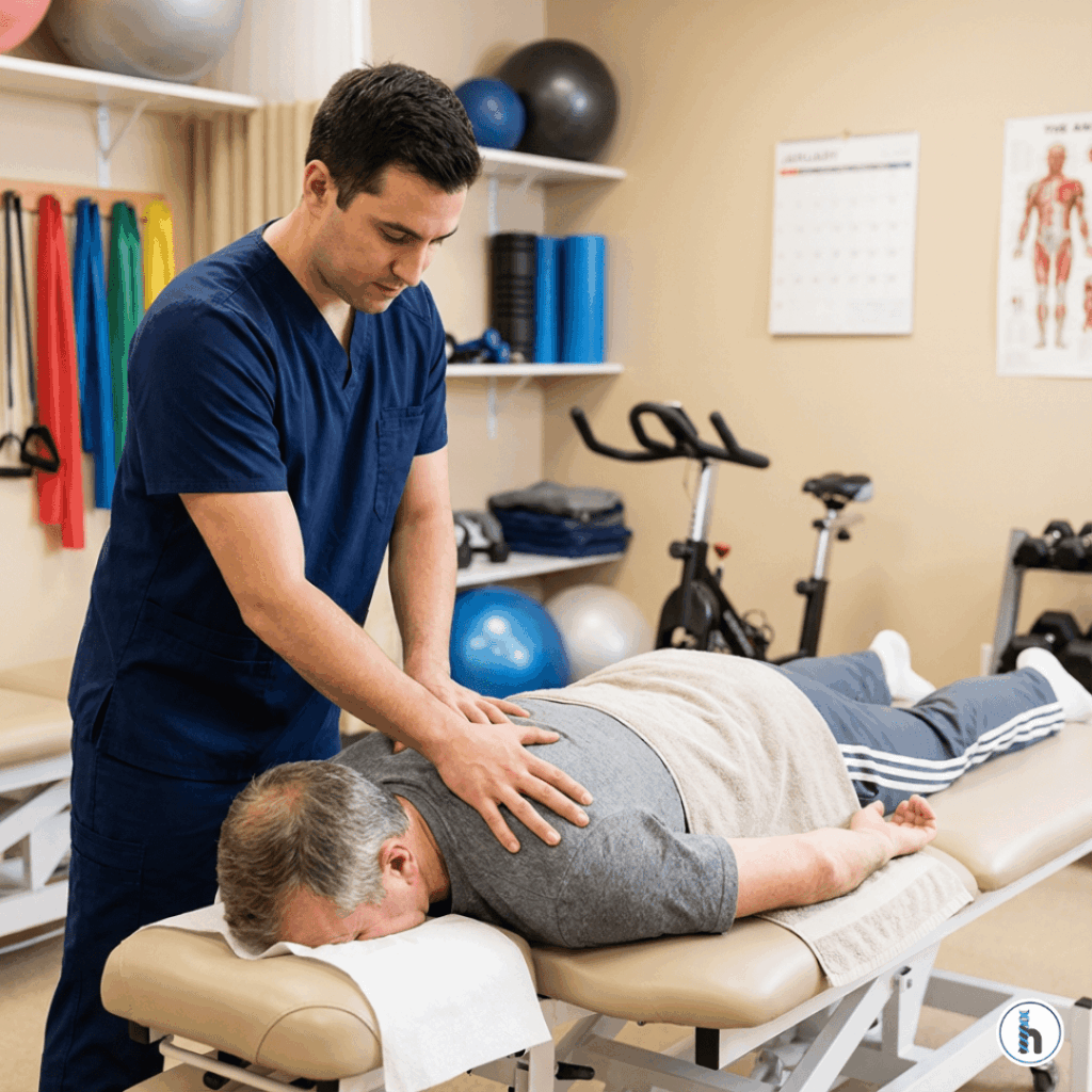 Physical therapist performing clinical massage therapy for chronic pain on an adult patient during a treatment session in a rehab clinic.