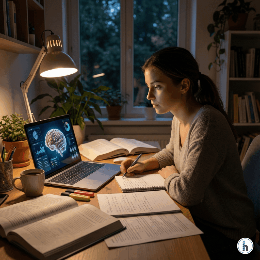 Student studying neuroscience and OT coursework on a laptop while preparing for exams — representing the journey of how to become an occupational therapist.