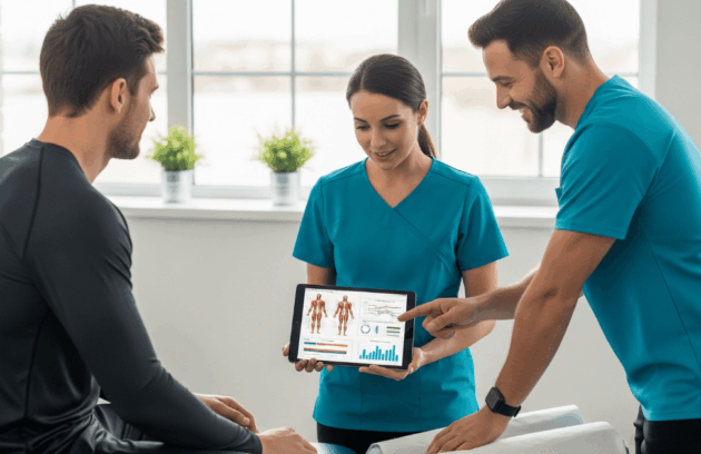 A physical therapist and a chiropractor demonstrate the benefits of chiropractic and PT integration by showing an athlete his sports injury recovery data on a tablet EMR.
